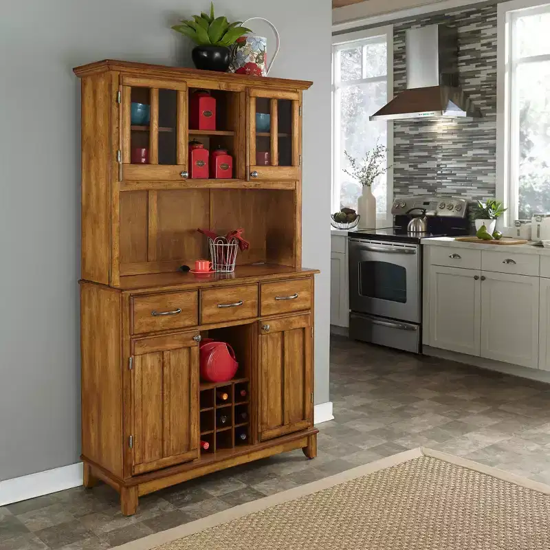 Buffet with 2 Door Hutch Wood/Oak - Home Styles: Elegant Server, Glass Display, Wine Rack, Storage Cabinet