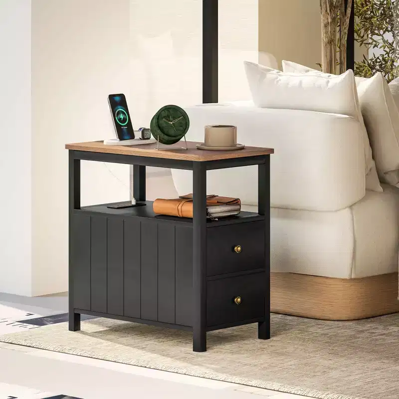 Narrow End Table with Charging Station, USB Ports, Drawers & Shelf, White/Brown