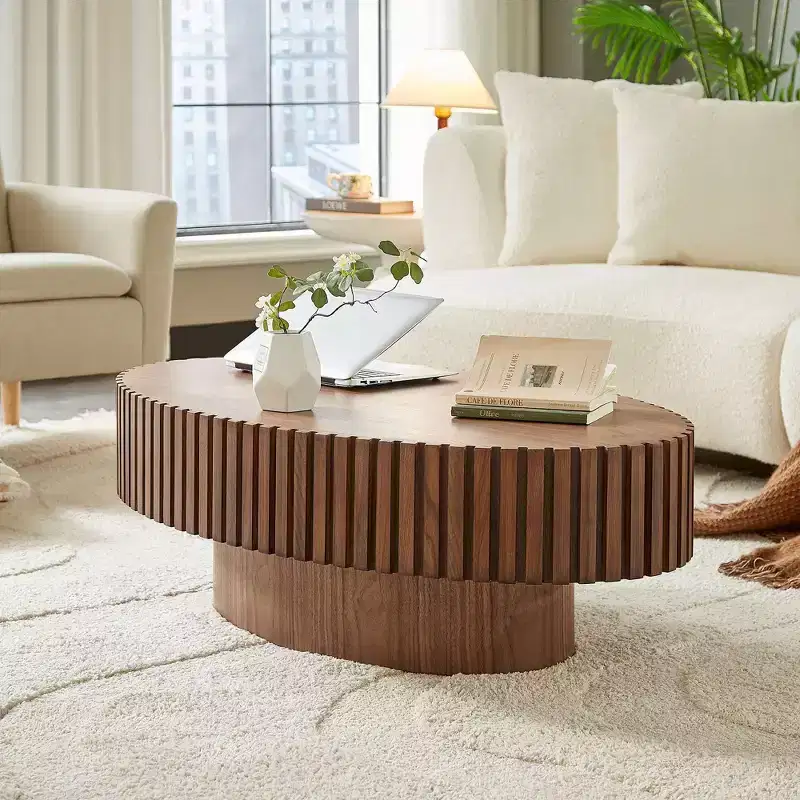 43 Inch Modern Drum Oval Coffee Table, MDF Center Table for Living Room Bedroom, Small Space Friendly Coffee Table
