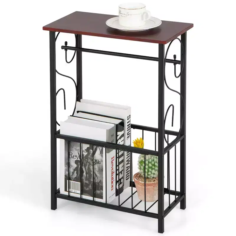 Narrow Side Table with Removable Paper Holder and Storage Basket for Living Room or Bathroom