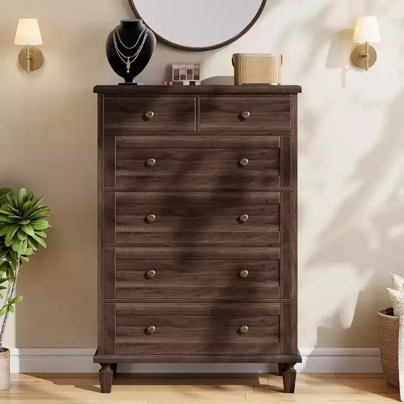 Wood 6-Drawer Dresser with Tapered Legs — Distressed Finish