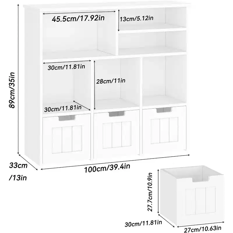 GustoWave Kids Bookshelf Toy Storage Cabinet with 3 Movable Drawers and 6 Storage Cubbies for Bedroom, Playroom, Nursery, White