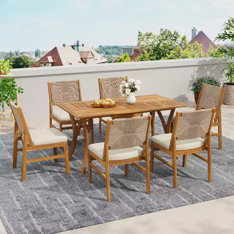 Christopher Knight Home Maurice 7 Piece Patio Rustic Acacia Wood Dining Set with Wicker Woven Chair