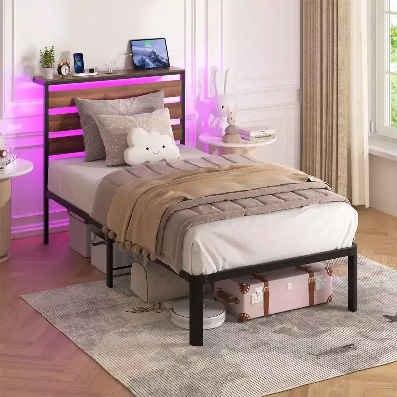 Twin Metal Platform Bed Frame with Charging Station & LED Lights, Space Saving Easy Assembly