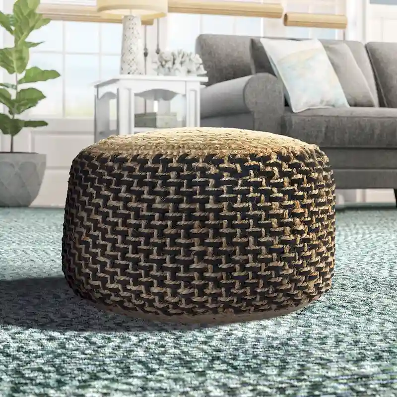 18 Brown and Black Braided Round Pouf Ottoman