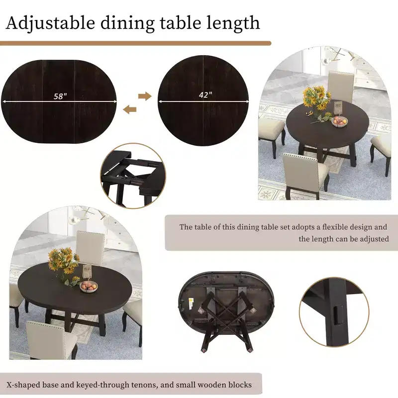 Whisen 5-Piece Farmhouse Dining Table Set with Extendable Dining Table and 4 Upholstered Dining Chairs