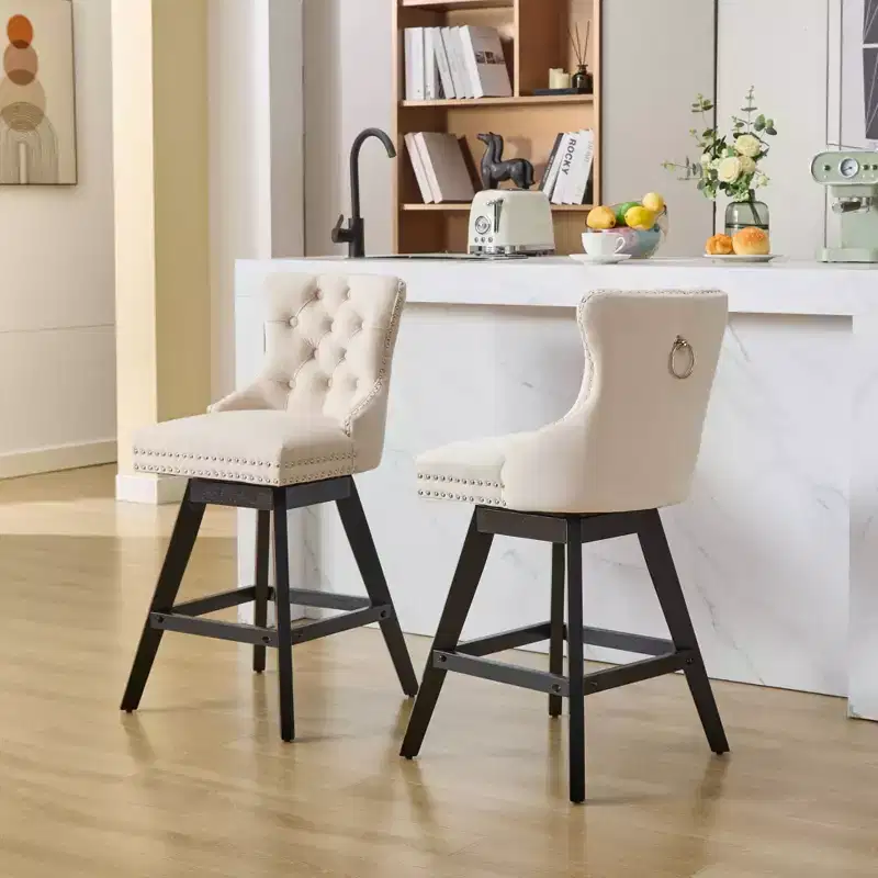 Okak Swivel Bar Stools Set of 2, Upholstered Velvet Stools with Button Tufting and Chrome Nailhead Trim, Leisure Style Counter Height Stools