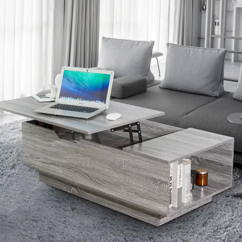 New Adjustable Top Coffee Table in Walnut or Grey, Rectangle Living Room Desk with Storage
