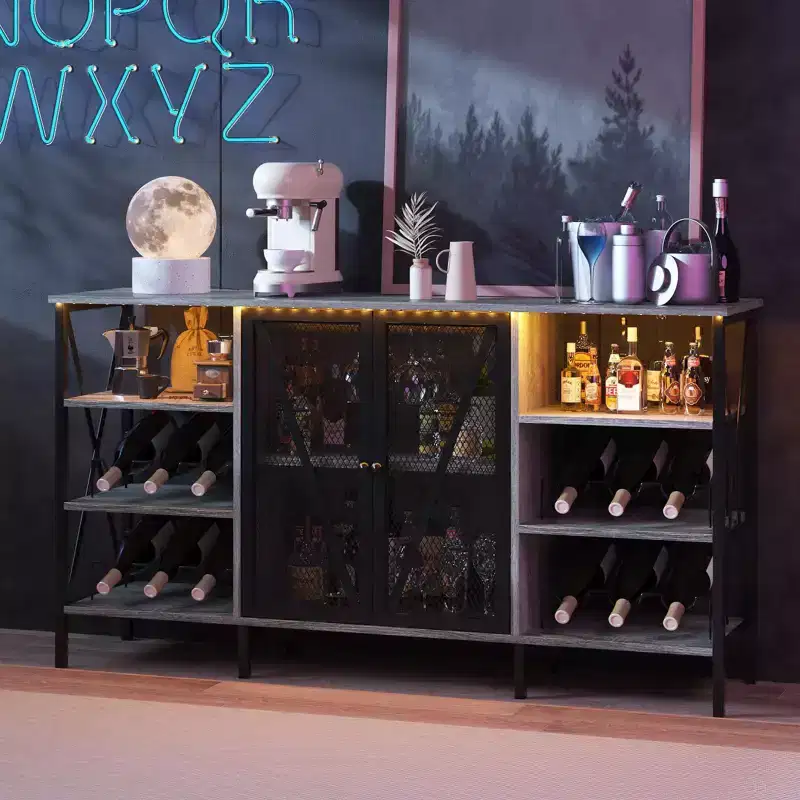 Farmhouse Wine Bar Cabinet, Industrial Coffee Bar Sideboard with Wine Rack and Glass Holder