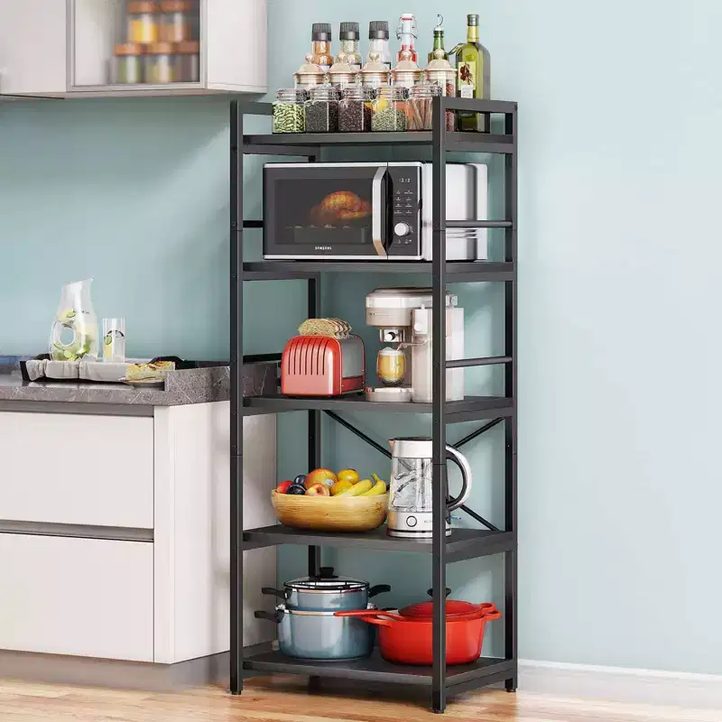 5-Tier Baker Rack, Industrial Microwave Stand Shelf, Coffee Bar for Small Spaces, Free Standing Kitchen Shelf with Storage, Black/Brown/Gray