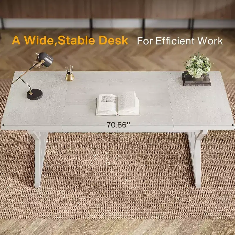 70.86-Inch Large Executive Desk, Industrial Home Office Computer Desk, Simple Long Writing Study Table Business Furniture (White)