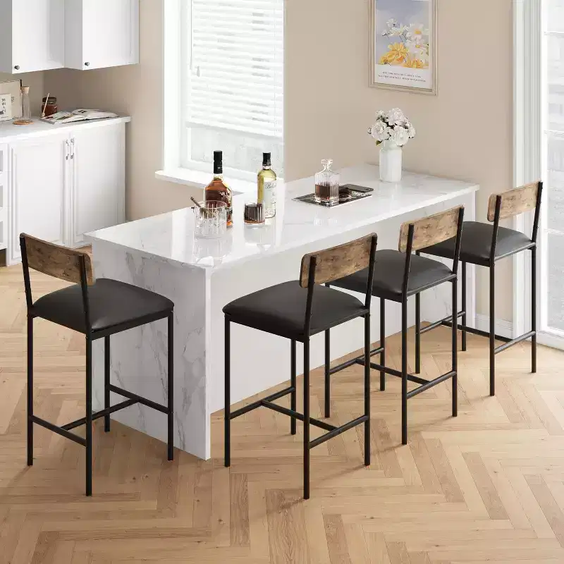 Bar Stools Set of 6, Kitchen Bar Stools with Footrest, Upholstered Bar Chairs with Back, Counter Height Barstools for Counter Bar, Easy Assembly