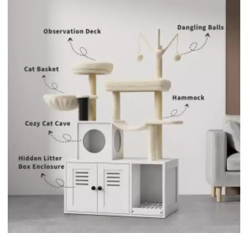 Cat Litter Box Cabinet 81 with Cat Tree (PB Board + Plush)