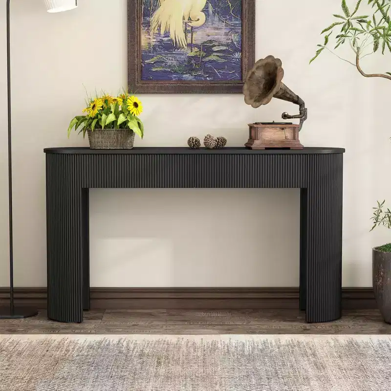Entryway Table with Fluted Design Modern Console Table with Storage Oval Top and 2 Drawers for Entryway and Living Room Black