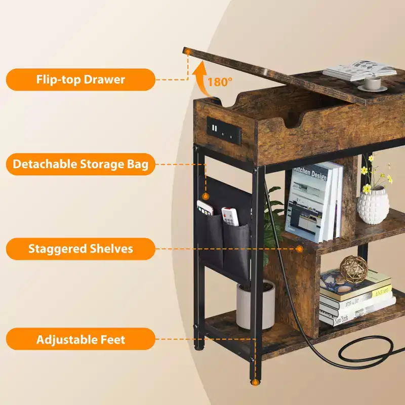 End Table with Storage Shelf, Storage Bag, USB Ports and Outlets for Bedroom Small Spaces