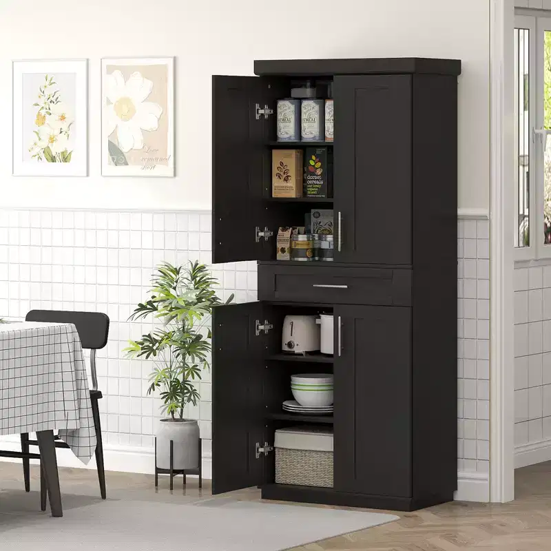 Tall Kitchen Pantry Freestanding Cabinet Cupboard with Doors and Drawer, Adjustable Shelving