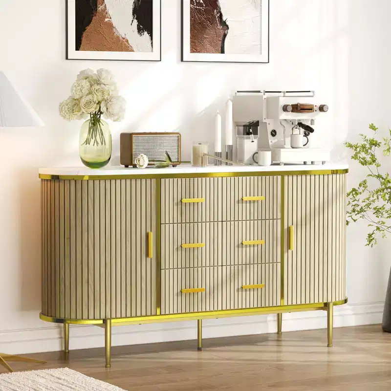 Oak/Walnut Fluted Sideboard Buffet Cabinet with Sliding Doors & 6 Drawers, Single