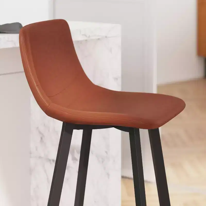 Merrick Lane Set of 2 Modern Upholstered Stools with Contoured, Low Back Bucket Seats and Iron Frames