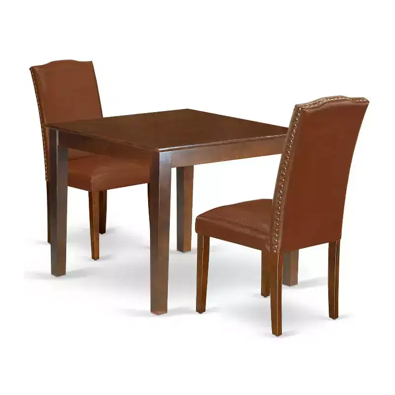Rustic Dining Set 3Pc Square Table & 2 Parsons Chairs - Mahogany Legs, Brown Faux Leather