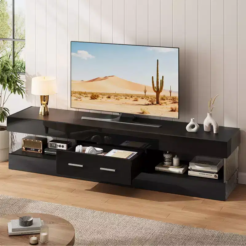 Bestier 67 Gaming TV Stand for TV up to 75, High Gloss Entertainment Center LED Medium Console TV Media Center with Storage Drawer & Open Shelves