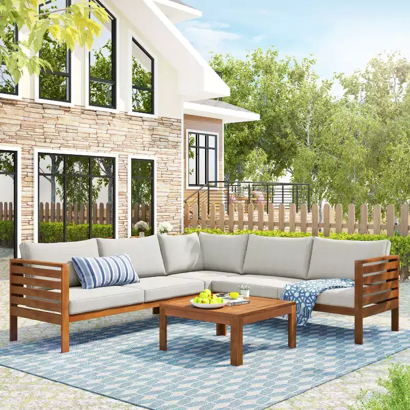 GDFStudio Xavier Patio Japanese 4-Piece Acacia Wood Modular Sofa Set with Coffee Table and Cushions