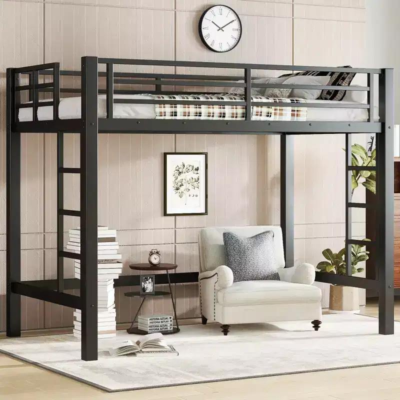 Twin/Queen Size Metal Loft Bed with Easy Climbing Ladder and Guardrails, Black