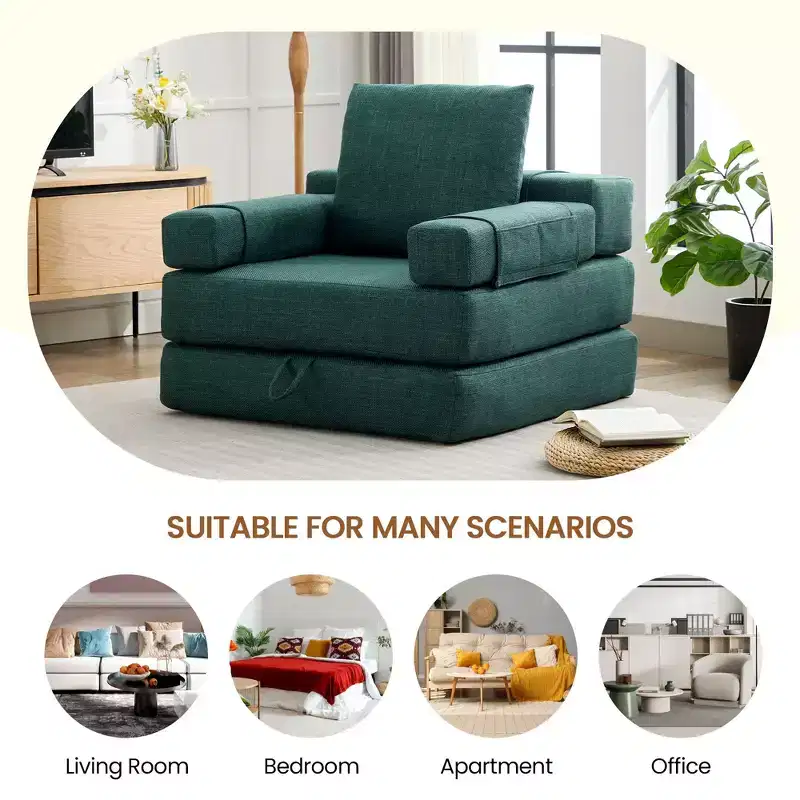 Fold-Down Convertible Sleeper Sofa Chair with Removable Armrests & Washable Cover