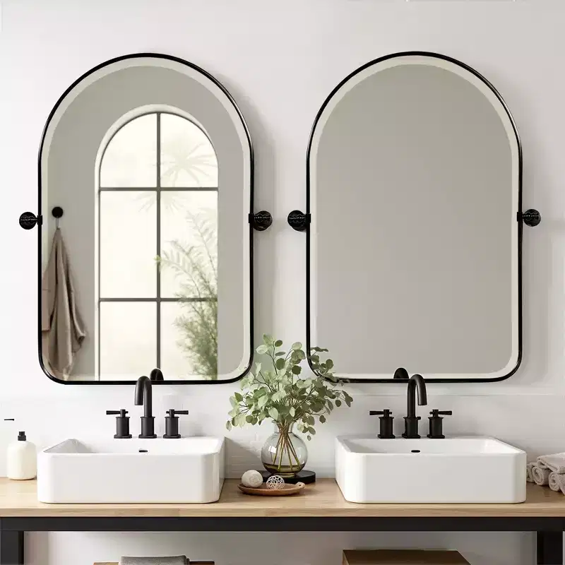 31.50x23.62x1.57in Wrought Iron Rounded Arch Black Metal Hanging Mirror