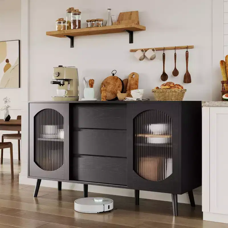 COZONY Buffet Cabinet with Storage, Fluted Glass Sliding Doors Drawers Black Sideboard for Kitchen Dining Living Room