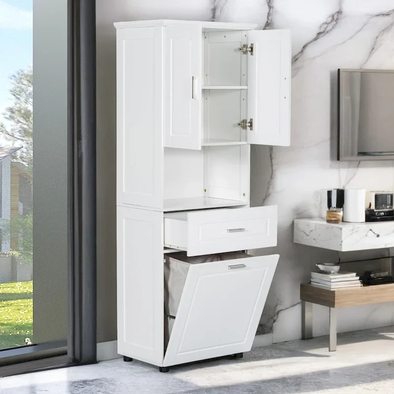 Tall Bathroom Cabinet with Laundry Basket