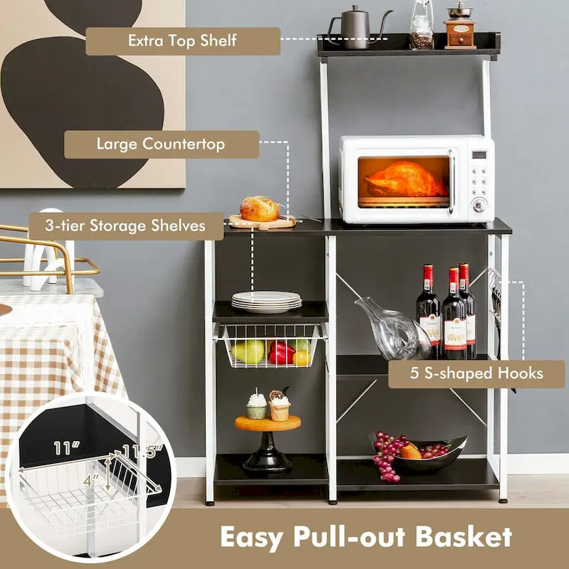 4-tier Kitchen Baker's Rack with Basket and 5 Hooks