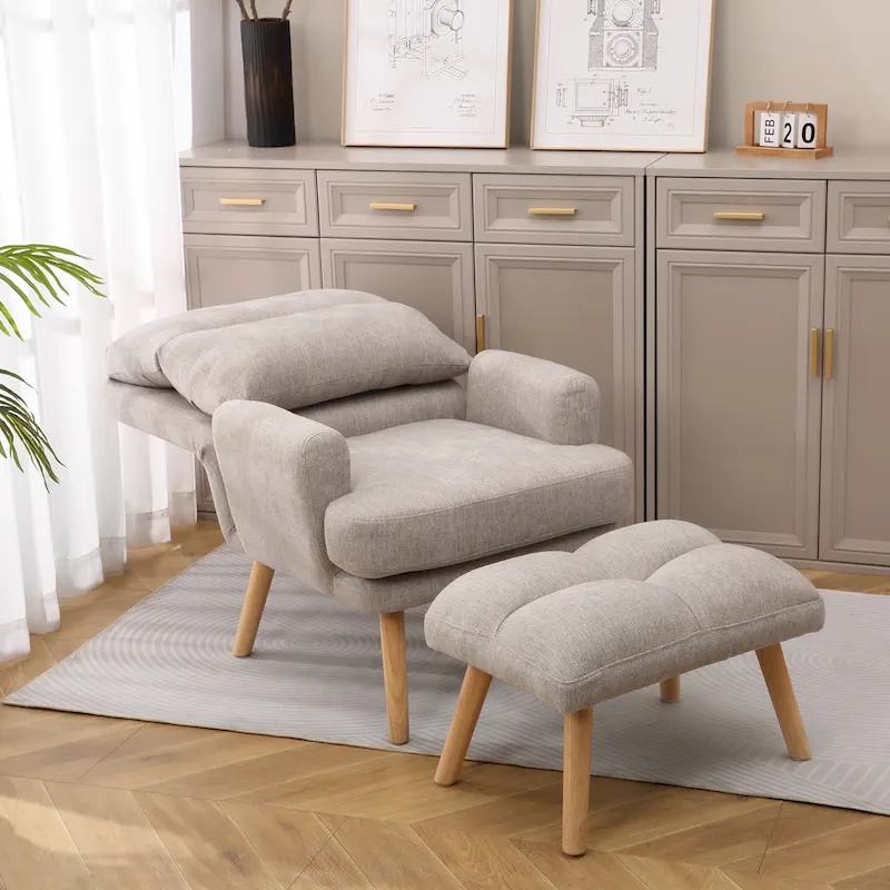 Accent Chair with Ottoman Set, Fabric Armchair with Wood Legs and Adjustable Backrest , Mid Century Modern Comfy Lounge Chair