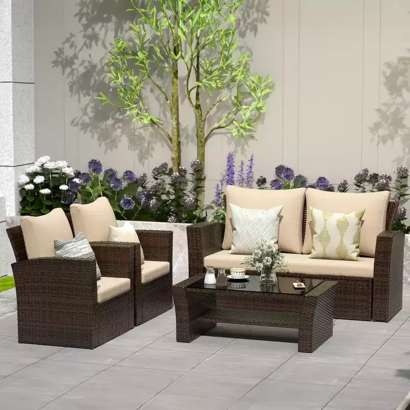 Heynemo 4 Piece Patio Furniture Sets, All-Weather Wicker Conversation Sets, Outdoor Rattan Sectional Sofa Chair with Coffee Table