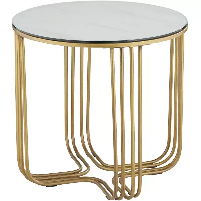 Studio 55D Yuri Modern Bronze Metal Round Accent Side End Table 24 Wide Gold Marbleized Glass Tabletop for Living Room Bedroom Bedside Entryway House