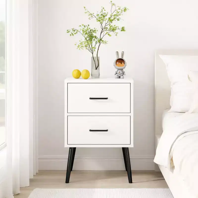 2-Drawer Nightstand with Metal Legs and Metal Handles, Modern White Bedside Table, Small End Table for Bedroom, Living Room or Apartment