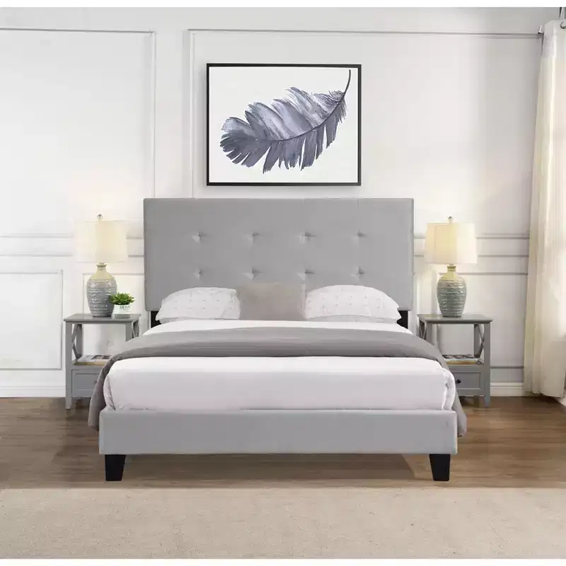 Okak Full Bed Frame with Pull Point Tufted Headboard,Upholstered Platform Bed Frame with Wood Slat Support for Bedroom,Gray