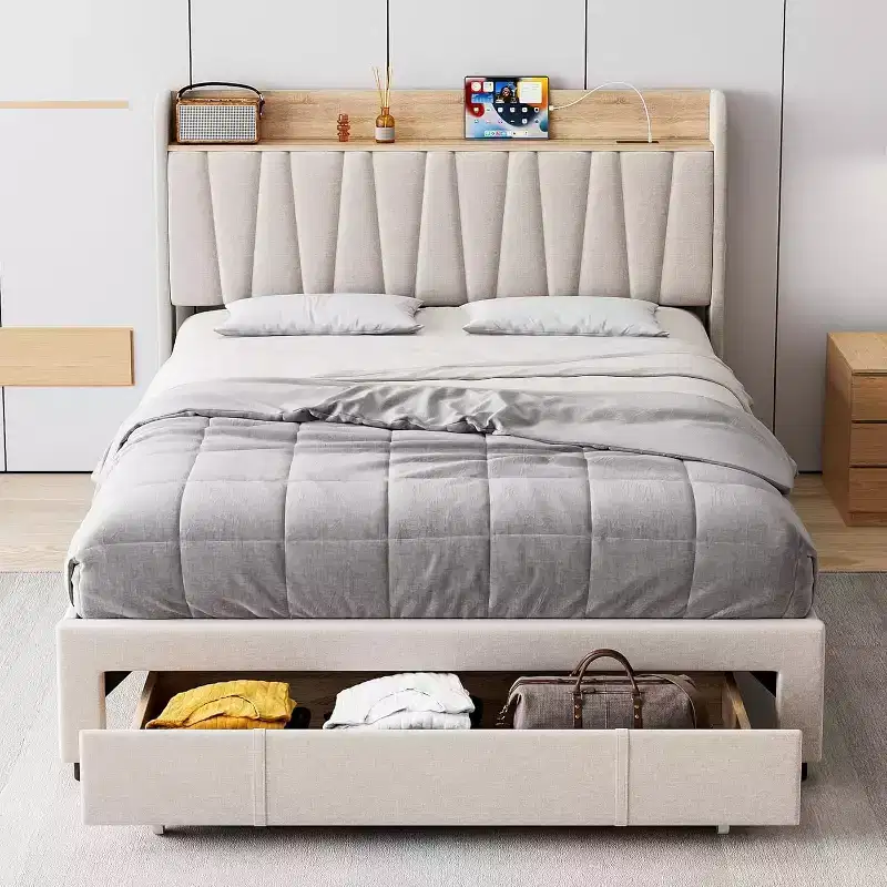 Full/Queen Size Upholstered Bed Frame with Storage Headboard