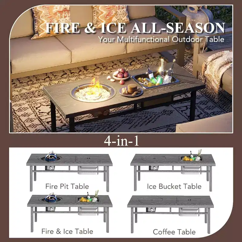 Heynemo Aluminum Patio Furniture Set with Fire Pit Table, 6 Pieces Outdoor Conversation Set Metal Sectional Couch Sofa and Coffee Table