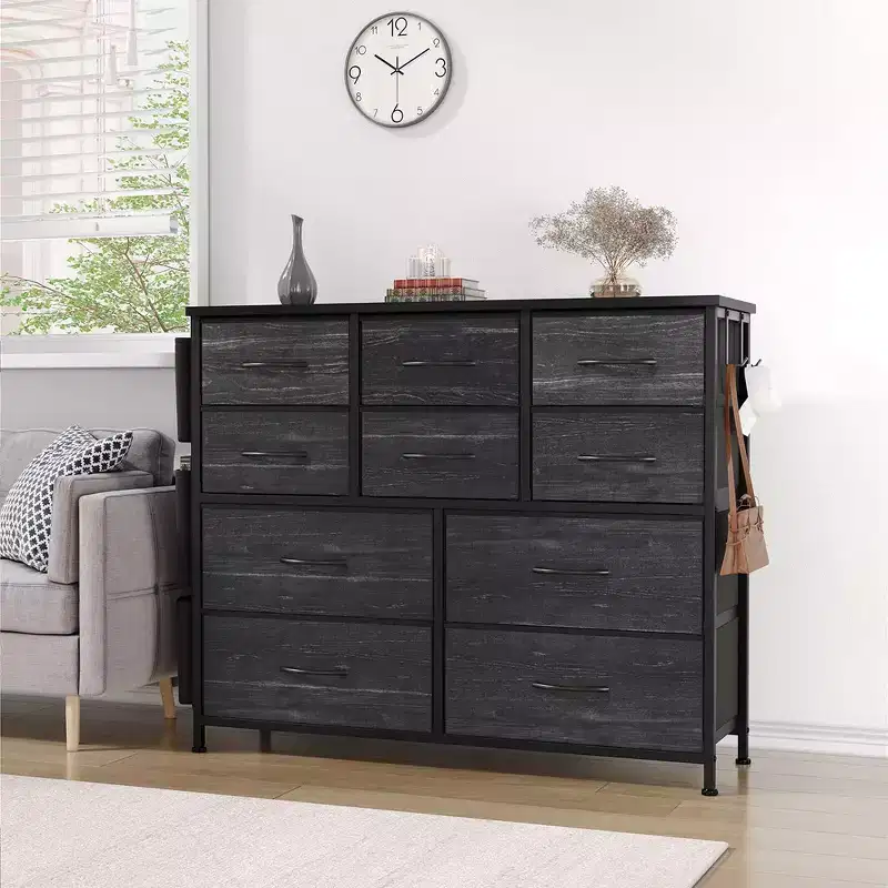 10-Drawer Fabric Dresser – Side Pockets & Hooks, Metal Frame, Closet & Bedroom