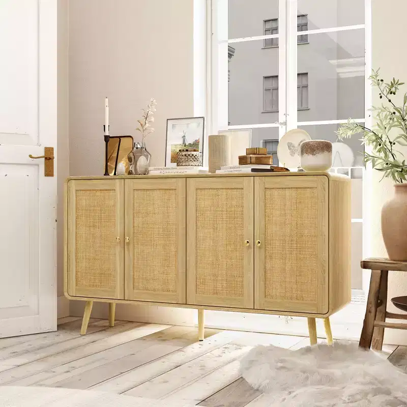 Boho - Inspired Storage Cabinet with Rattan - Woven Doors and Gold Handles - Versatile for Bedroom, Study, Restaurant & Living Room