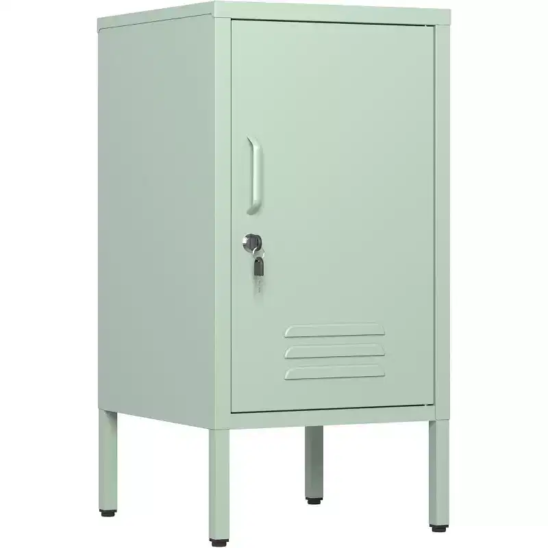 Lockable Single Door Metal End Table, Modern Side Table with 2 Adjustable Shelves, Multi-Storage Cabinet for Living Room & Bedroom