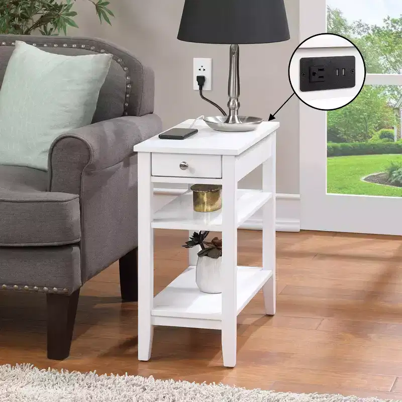 Chairside End Table with Smooth Drawer, USB Ports, Plug Outlet and Shelving, Contemporary Living Room Side Table with Storage