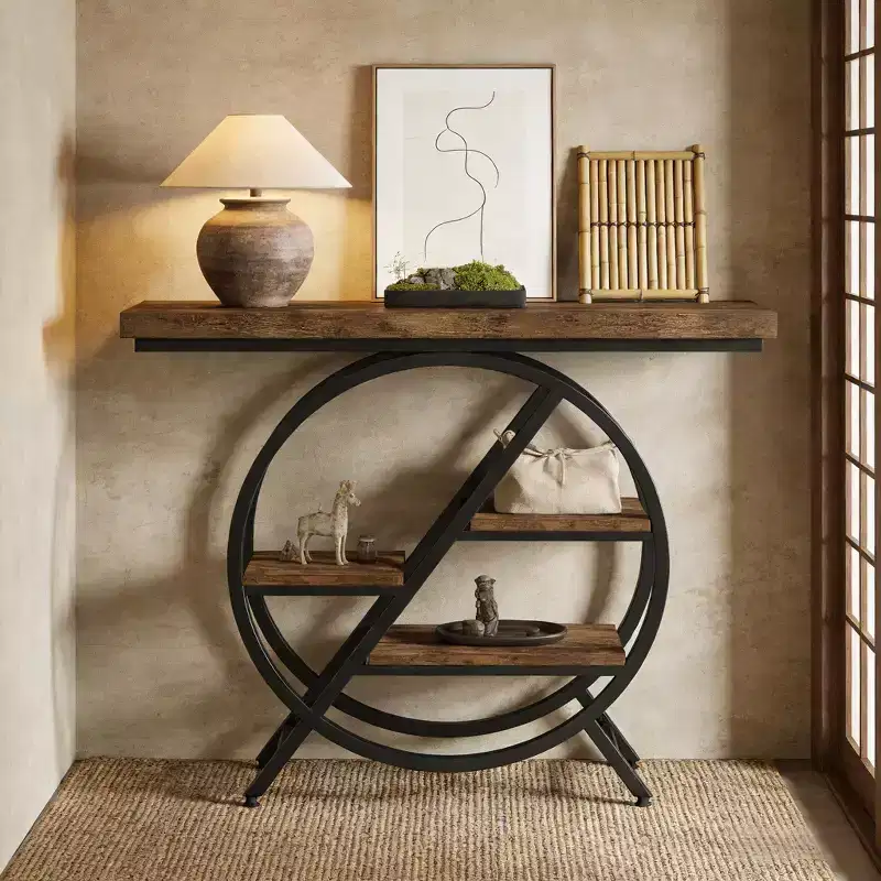 Industrial Console Table with Round Metal Base and 3 Staggered Shelves