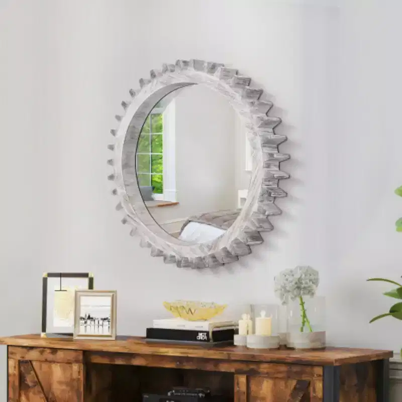 Vintage 17-inch X 17-inch Wooden Round Wall-mounted Gear-shaped Decorative Mirror With A Collage Effect