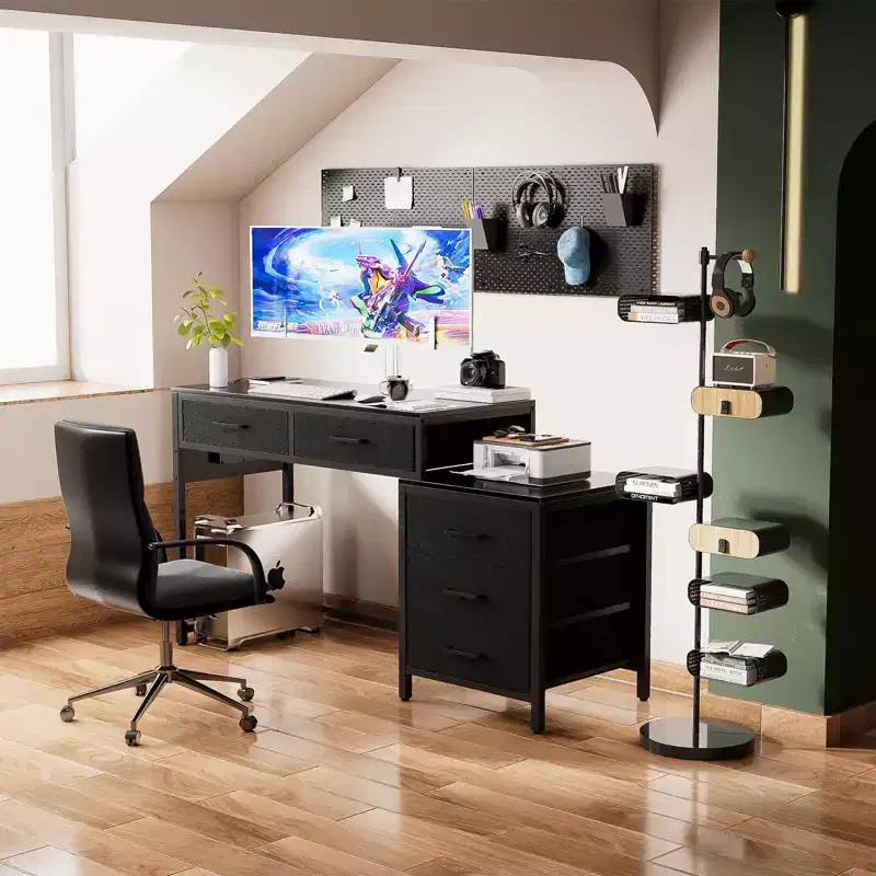 Corner Home Office Desk with File Drawers and Charging Station