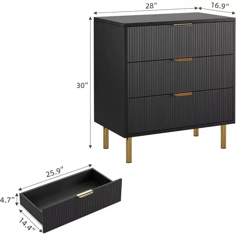 Fluted Wood 3 Drawer Dresser, 28 Wide Modern Chest, Bedroom Storage Organizer with Gold Handle for Living Room Entryway Hallway