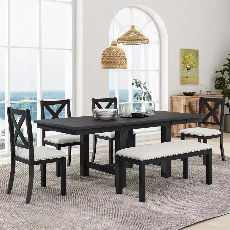Farmhouse Extendable Dining Table Set for 6, Solid Wood Rectangular Kitchen Table Set with Removable Leaf, 4 Upholstered Chairs and Bench