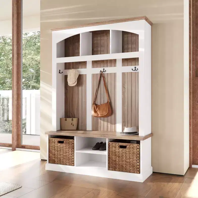 White and Oak Entryway Storage Bench with Hooks, Shelves, and 2 Woven Baskets Hall Tree