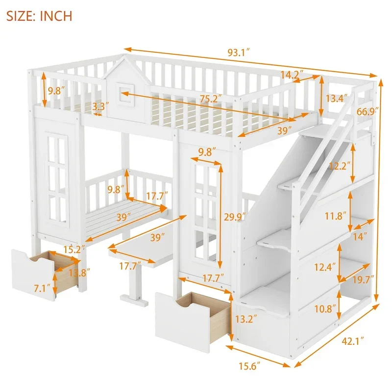 Twin Over Twin Bunk Bed with Convertible Desk - Gray