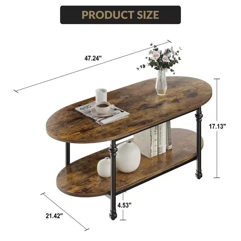 Oval Coffee Table, 2-Tiered Center Table with Open Storage, Modern Industrial Side Table, Wooden Cocktail Table with Metal Frame